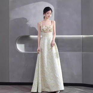 Foreign Trade European and American French Flower Forest Evening Dress Performance Adult 2025 New Sexy Bride Engagement Toast Dress