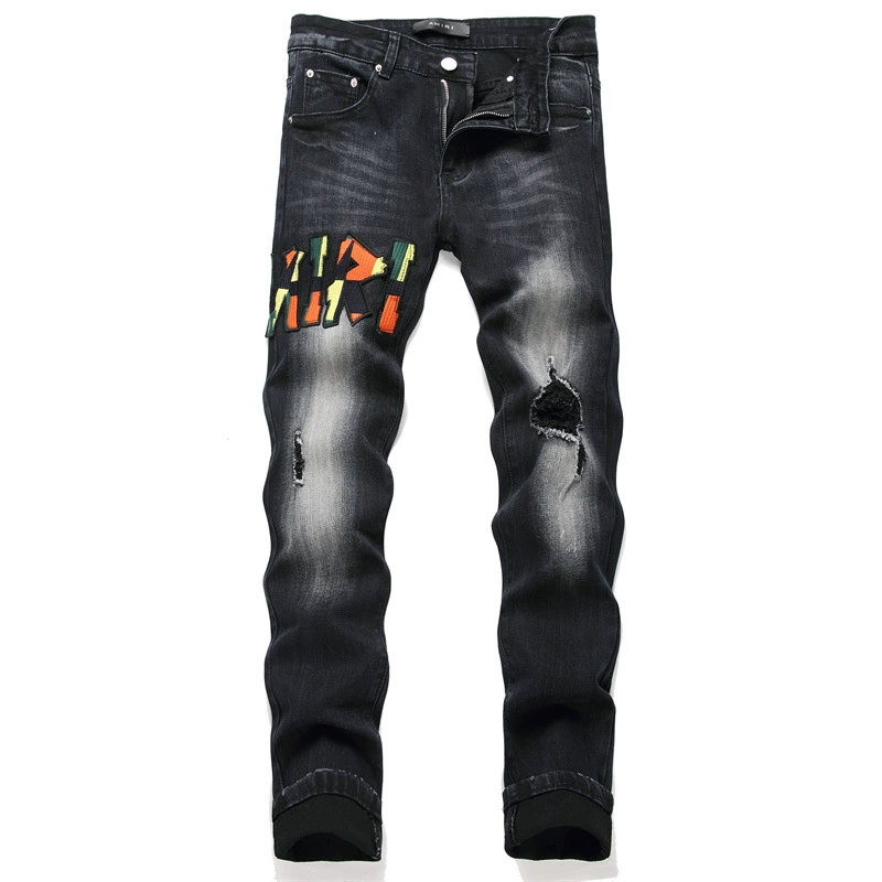 Black elastic badge, jeans, with embroidery, mid rise