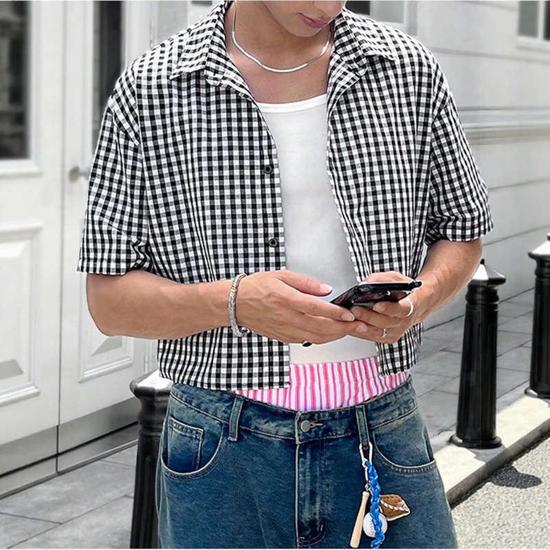American retro short-sleeved black and white checkered shirt for men, summer trendy loose-fitting niche design 3D shirt
