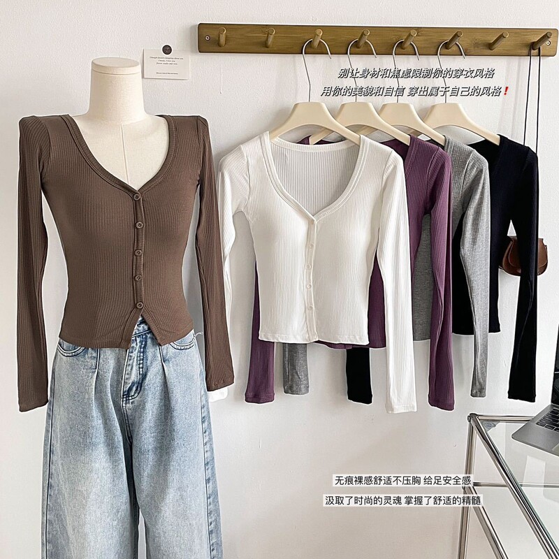 Maillard Color Autumn and Winter Bottoming Shirt Long-Sleeved Fixed Cup Top Button Threaded Button Cardigan Jacket Wholesale