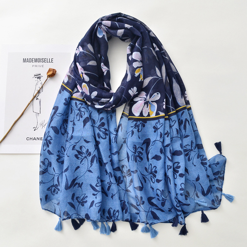 Yunnan Lijiang viajes retro estilo étnico azul marino bufanda verano Delgado aire acondicionado protector solar chal hecho a mano borla bufanda