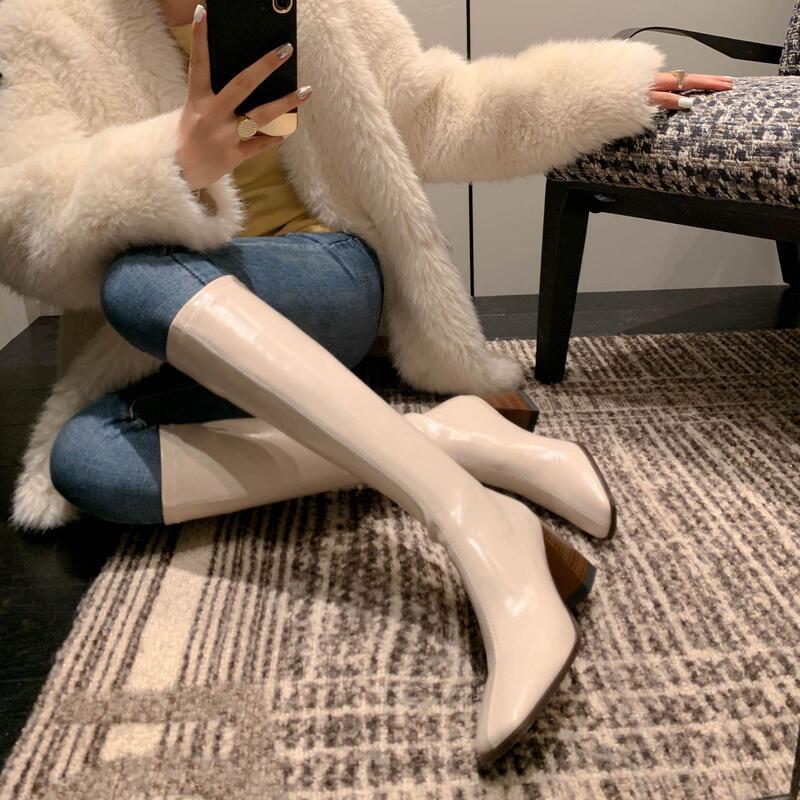 2022 autumn and winter New Square head thick heel high heel elastic boots thin boots long high boots Knight boots fashion women's boots 2022 autumn and winter New Square head thick heel high heel elastic boots thin boots long high boots Knight boots fashion women's boots