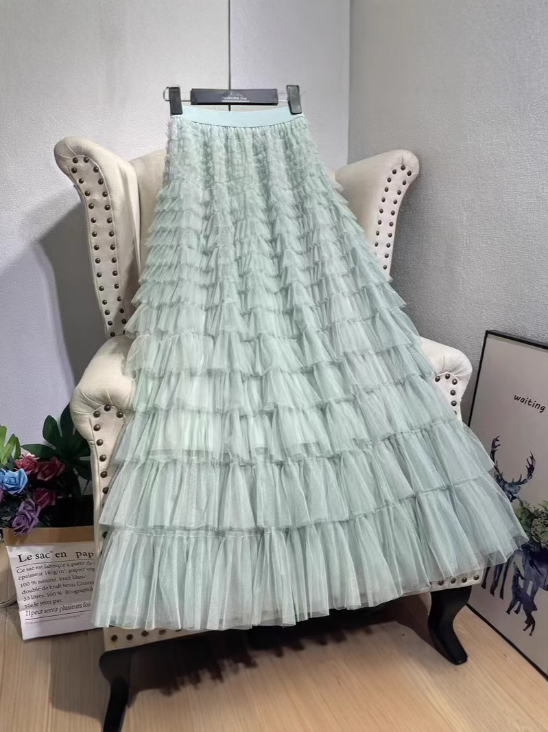 2024 Autumn Multi-Layered Mesh Patchwork Cake Skirt A-Line Slimming Midi Skirt for Women with High-Waisted Design and Large Hem