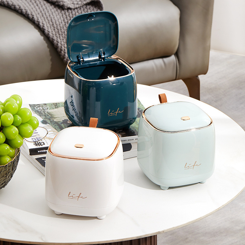 Light Luxury Desktop Trash Can, High-Looking Car-Mounted Press Storage Bucket with Lid, Flip-Top Bedroom Square Storage Box