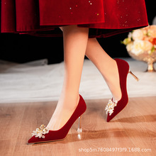 886-2x36红色真皮新娘婚鞋女2023新款不累脚高跟鞋中式秀禾结婚鞋