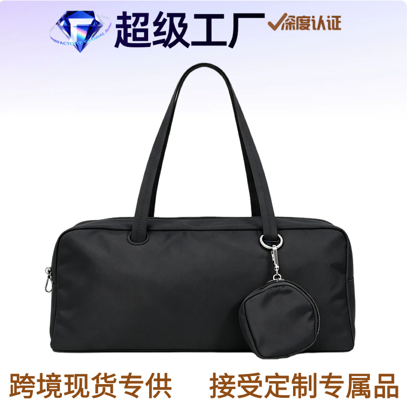 Cross-Border In-Stock Nylon Rfid Oxford Long Boston Shoulder Bag with Detachable Mini Round Coin Purse