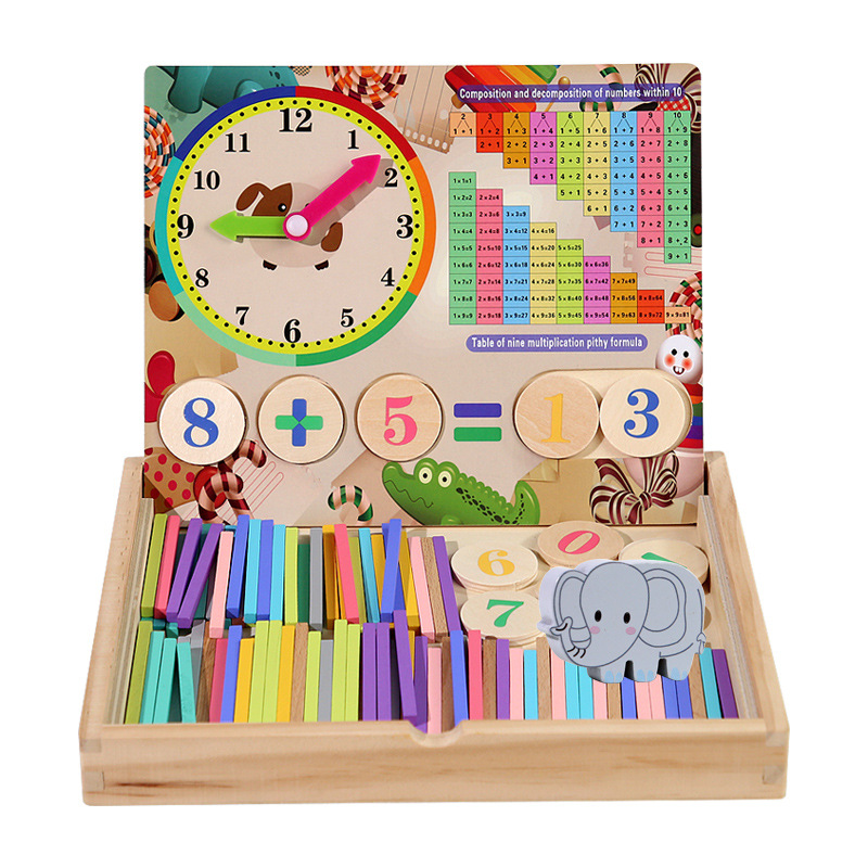 Caja de aritmética multifuncional de madera para niños diversión educativa apilada reloj alto aritmética matemática material didáctico cognitivo digital