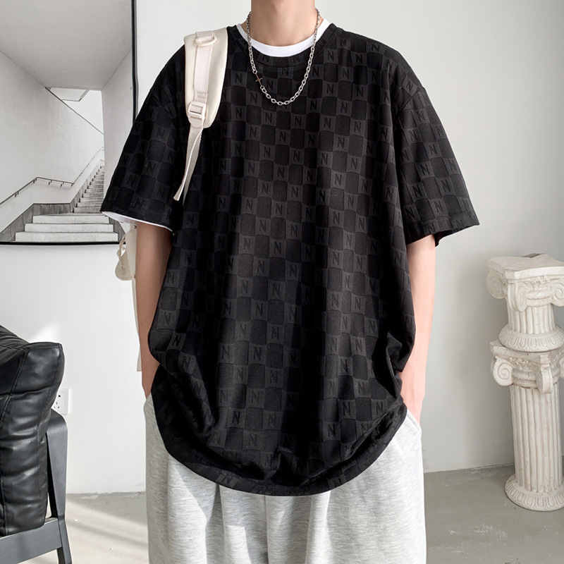 Nicho de diseño texturizado jacquard hombre de manga corta estilo de Hong Kong tendencia de verano transpirable camiseta casual abrigo image 3