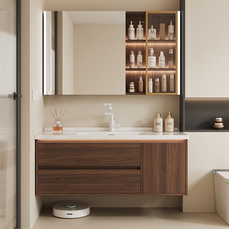 Walnut Washbasin Bathroom Cabinet Combination Bathroom Hand Wash Ceramic Integrated Washbasin New Chinese Style