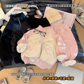 儿童加绒拼接套装男女童加厚保暖刺绣套装韩版休闲洋气