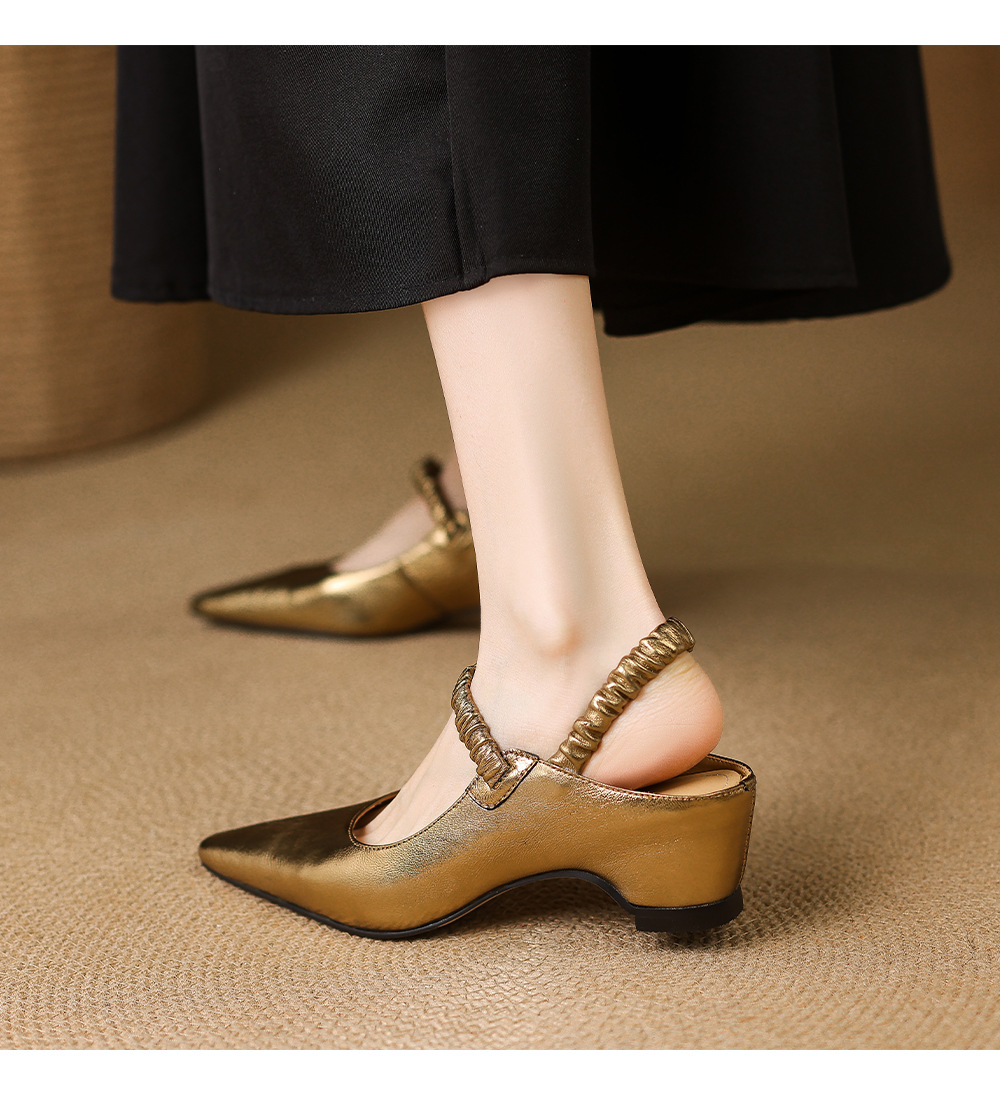 Sandal cao gót nữ mũi nhọn bít mũi da cừu kiểu Pháp, gót cao 9 cm — Màu vàng chi tiết 8