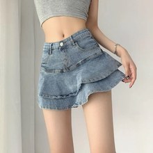 美式辣妹牛仔半身裙女内衬设计感高腰显瘦美式a字荷叶边包臀裙夏