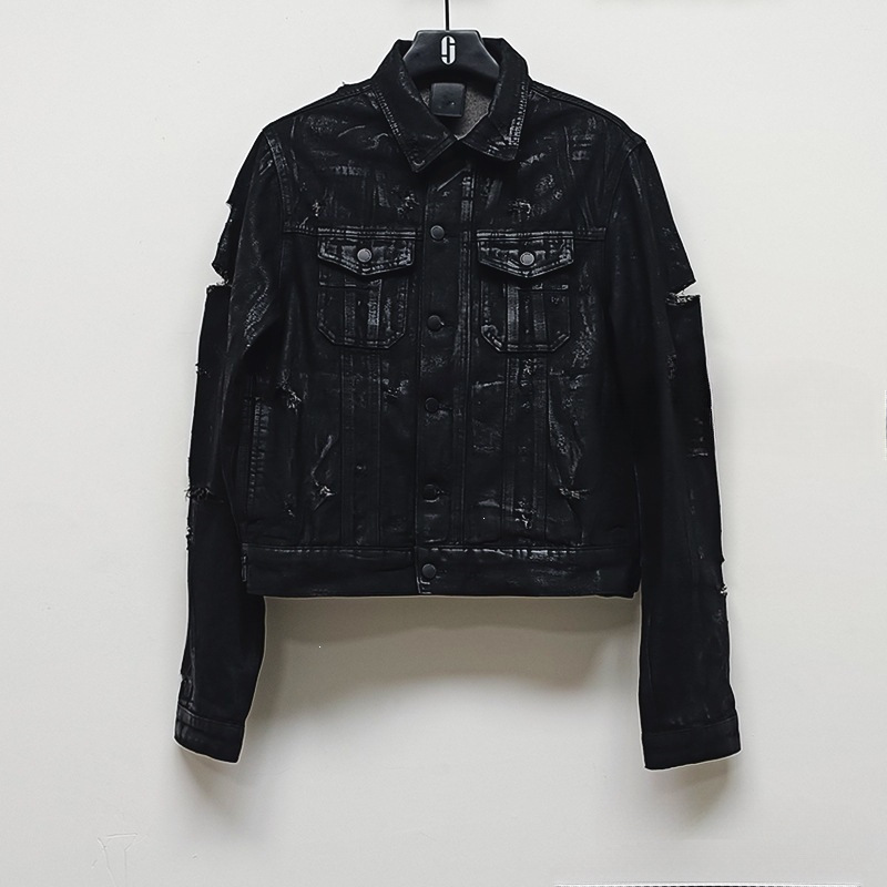 Cross-Border Black Waxed 04 Style Lapel Hand-Ripped Distressed Denim Jacket with Slim Fit and Other Cotton Materials