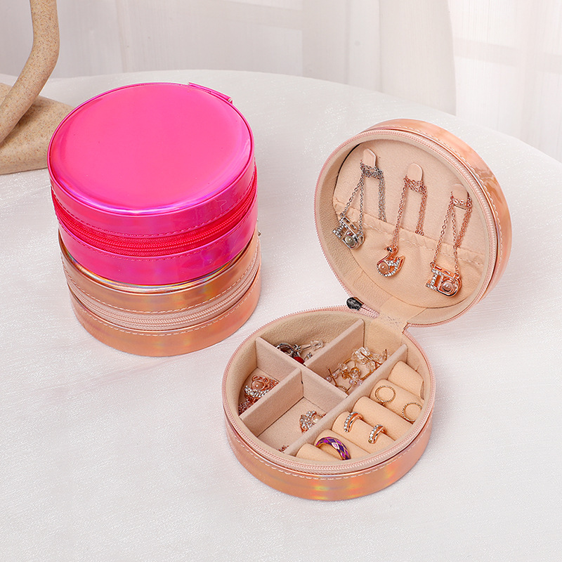 跨境饰品收纳盒圆形便携首饰盒镭射款拉链珠宝戒指盒收纳批发现货