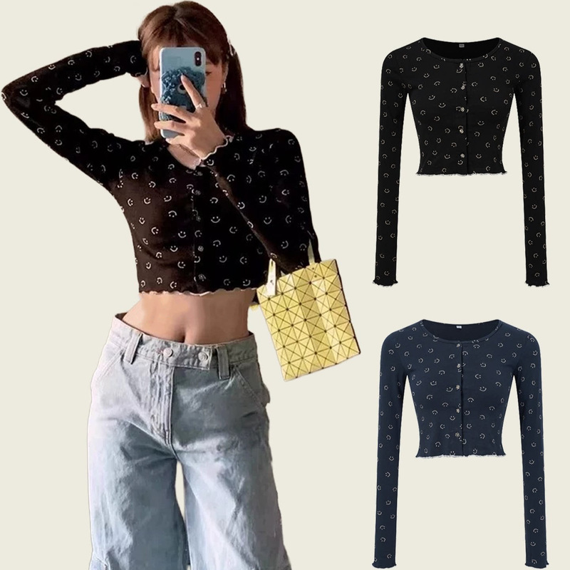 Korean niche fashion brand minjiena smiley face long-sleeve top for women, Angelababy style t-shirt, short cardigan
