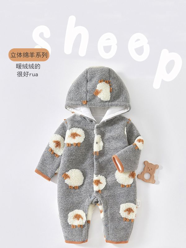 Bebé mono Otoño e Invierno engrosado cálido mameluco con capucha ropa de algodón acolchado niños y niñas bebé lindo mameluco tridimensional ovejas