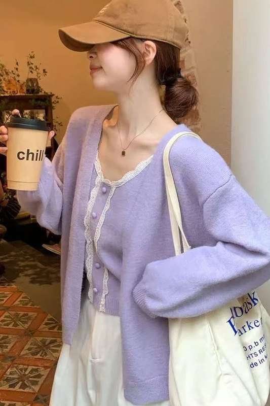 小香风针织套装女2025新款早秋季紫色毛衣外套开衫吊带背心两件套|undefined