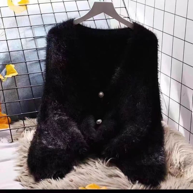 女装v领水貂绒针织开衫女秋冬季新款慵懒风毛衣毛茸茸外套上衣潮|undefined