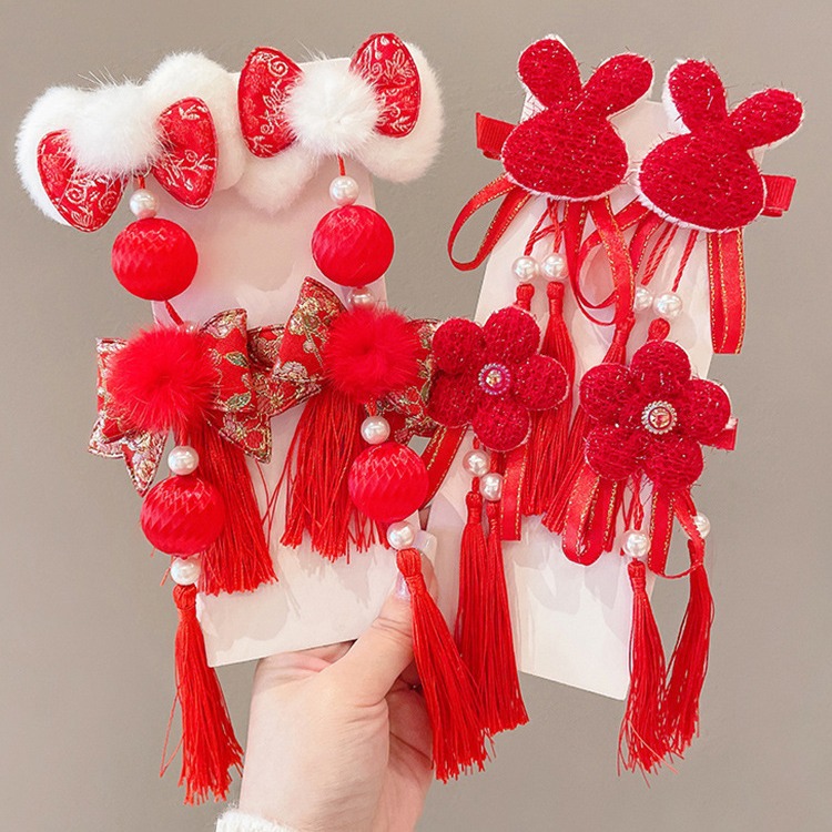 2023 niñas lindo conejo horquilla borla horquilla BB clip accesorios para el cabello rojo Año Nuevo lado clip accesorios para el cabello tocado