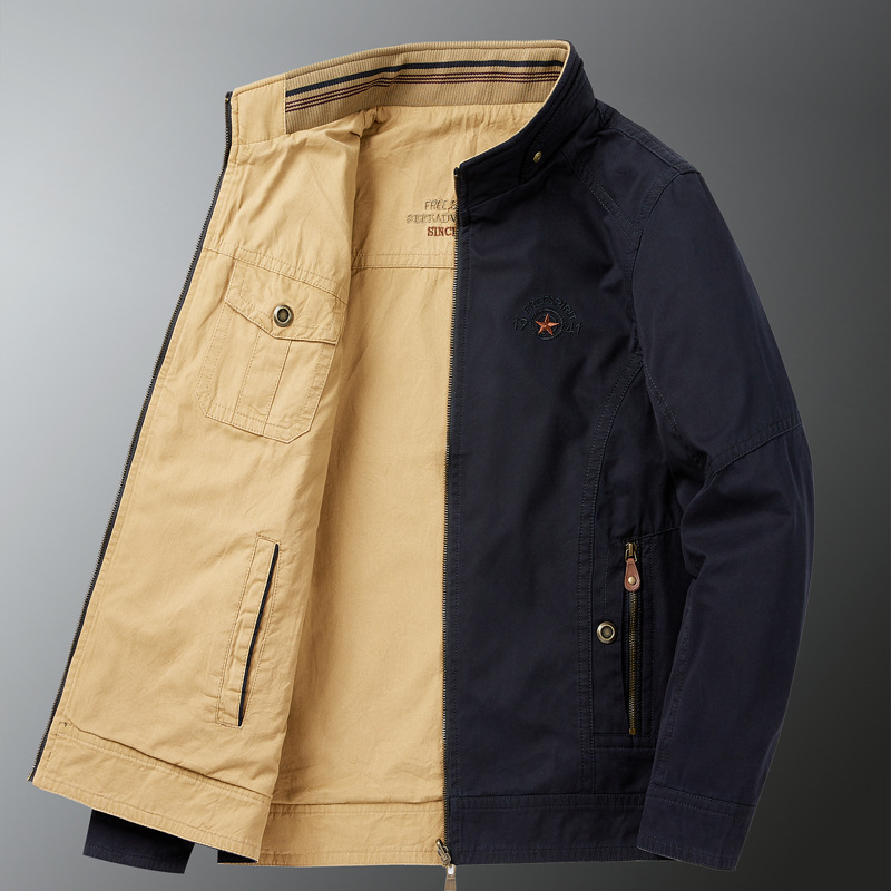 Cotton jacket men's spring and autumn stand collar thin middle-aged dad wear business casual loose plus size double-sided jacket