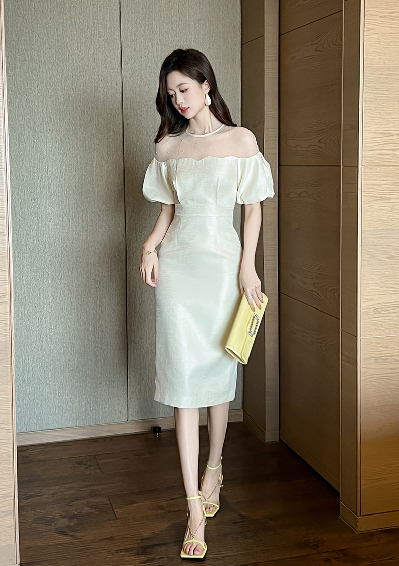Đầm dự tiệc maxi nữ tay phồng thắt eo kiểu dáng thanh lịch — Màu kem chi tiết 8