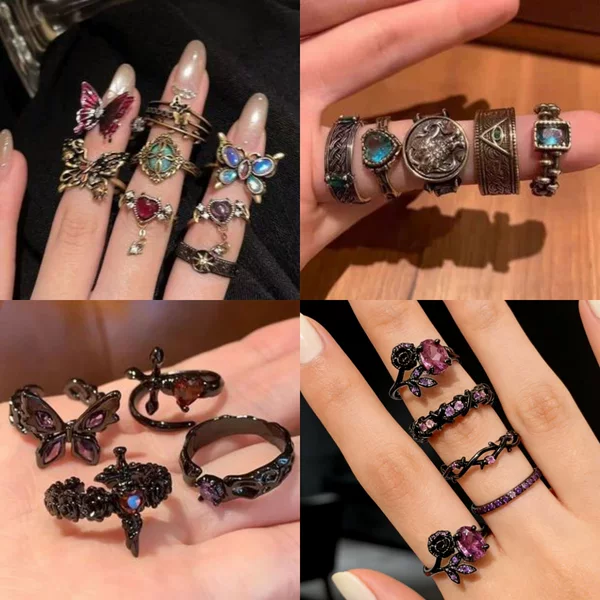 Vintage Dark Style Ring, Gothic Butterfly Enamel Court-Style Open Ring, Niche Stackable Design Ring