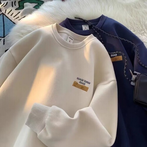 American cool retro heavy round neck hoodie men's winter lined loose trendy brand cool top