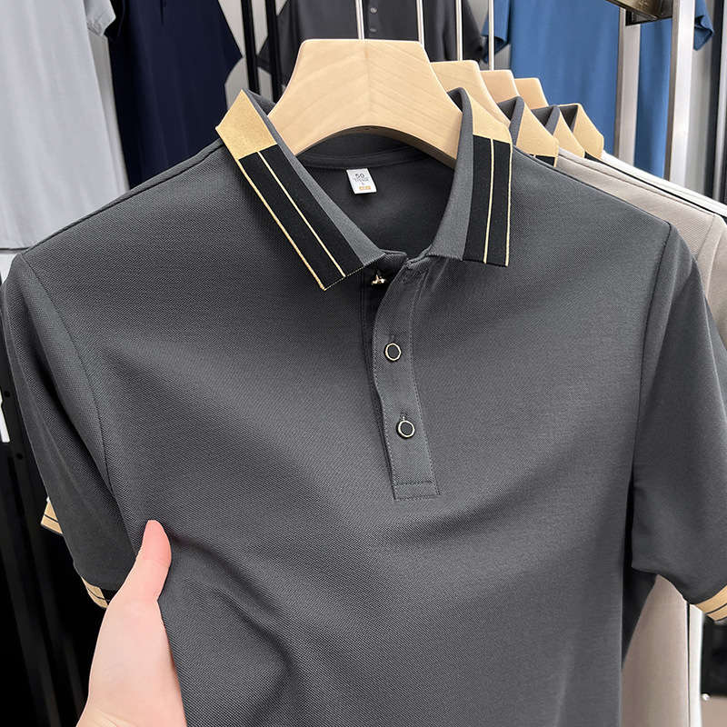 Men's Summer New Short-Sleeve Turn-Down Collar Youth Ice Silk High-End Fashionable Versatile T-Shirt_viptrois.com