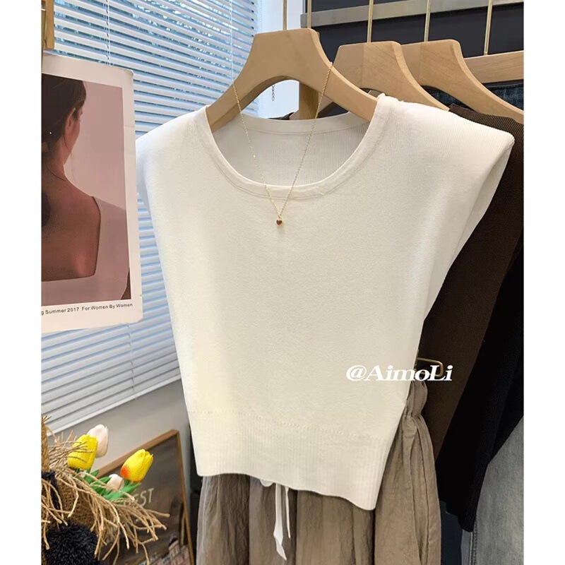 Solid Color Casual Round Neck Right Shoulder Sleeveless Vest 2025 Summer New French Style Women's Top