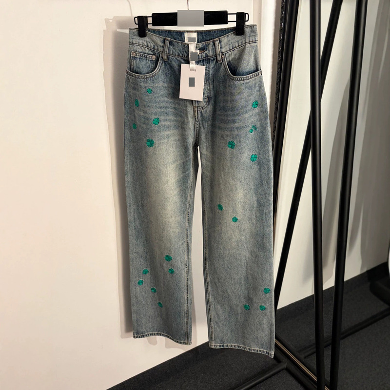 Nanyou Cross-Border Foreign Trade Original Label D Brand Blue Fashion Versatile Four-Leaf Clover Straight-Leg Casual Commuting Jeans Long Pants