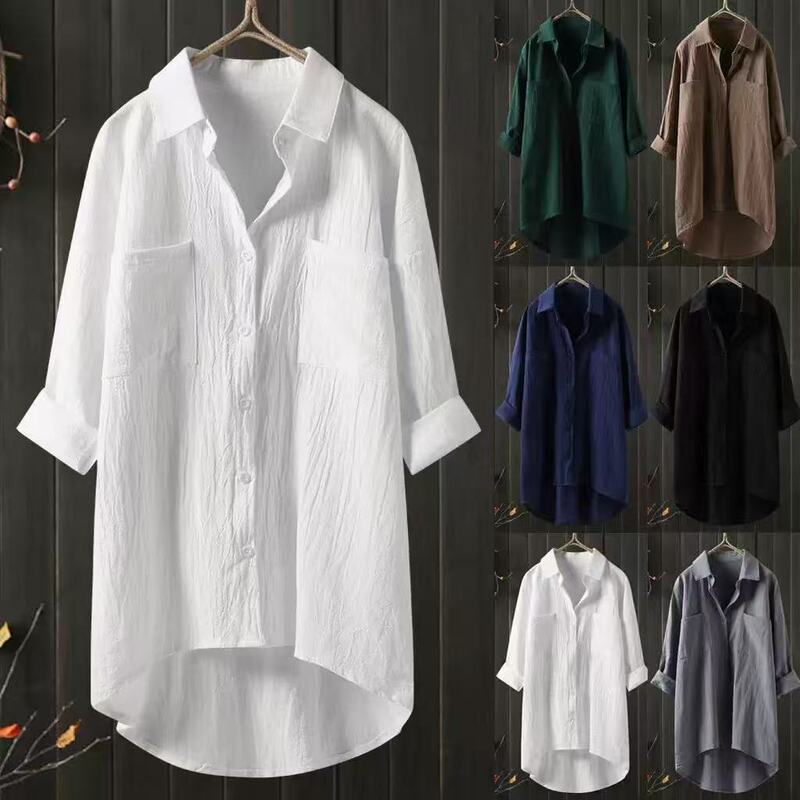 European and American Amazon Cross-Border Solid Color Fashion Shirt for Women, Casual Style Cotton and Linen Loose Fit Double Pocket Mid-Length Shirt European and American Amazon Cross-Border Solid Color Fashion Shirt for Women, Casual Style Cotton and Linen Loose Fit Double Pocket Mid-Length Shirt