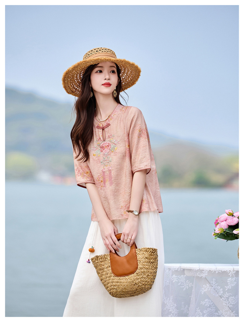 Bộ quần áo nữ hai mảnh sơ mi thêu họa tiết quốc phong kết hợp quần ống đứng MM6617 — xanh lam, Màu hồng chi tiết 15