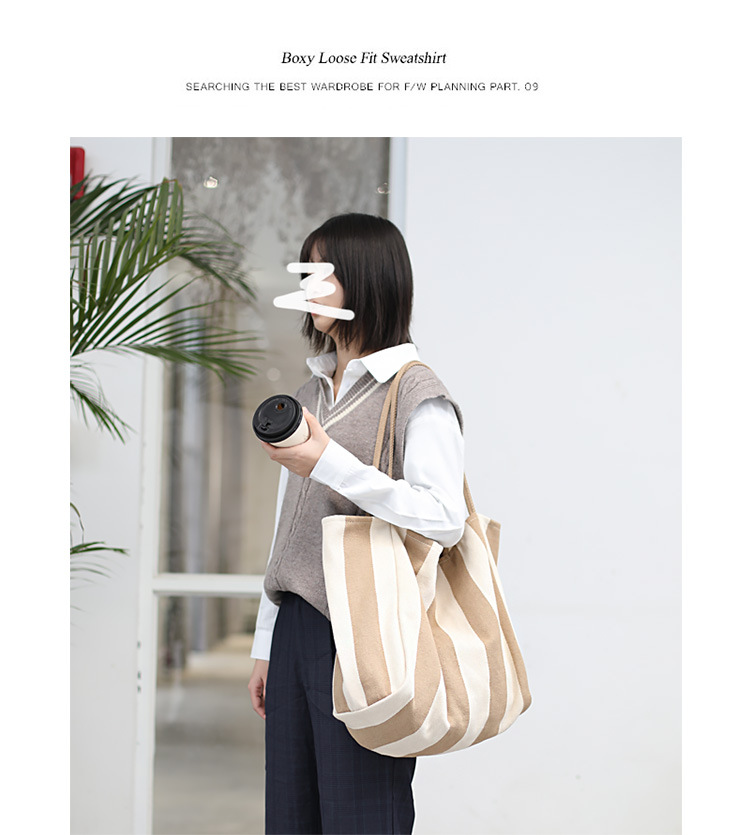 506g Weight Open Closure Type Double Shoulder Straps Strap Type Canvas Bag Bags Type Casual, Daily Occasion Canvas Material Stripe Pattern All Seasons Season Women's Gender Basic, Classic Style Style Large Size Women's Large Canvas Stripe Basic Classic Style Open Canvas Bag 无