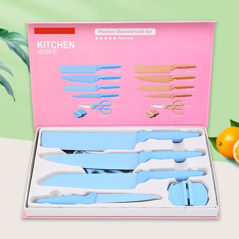 Spot al por mayor patrón de copo de nieve 6 esquinas patrón de diamante con afilador de cuchillos regalo en caja juego de cuchillos de cocina