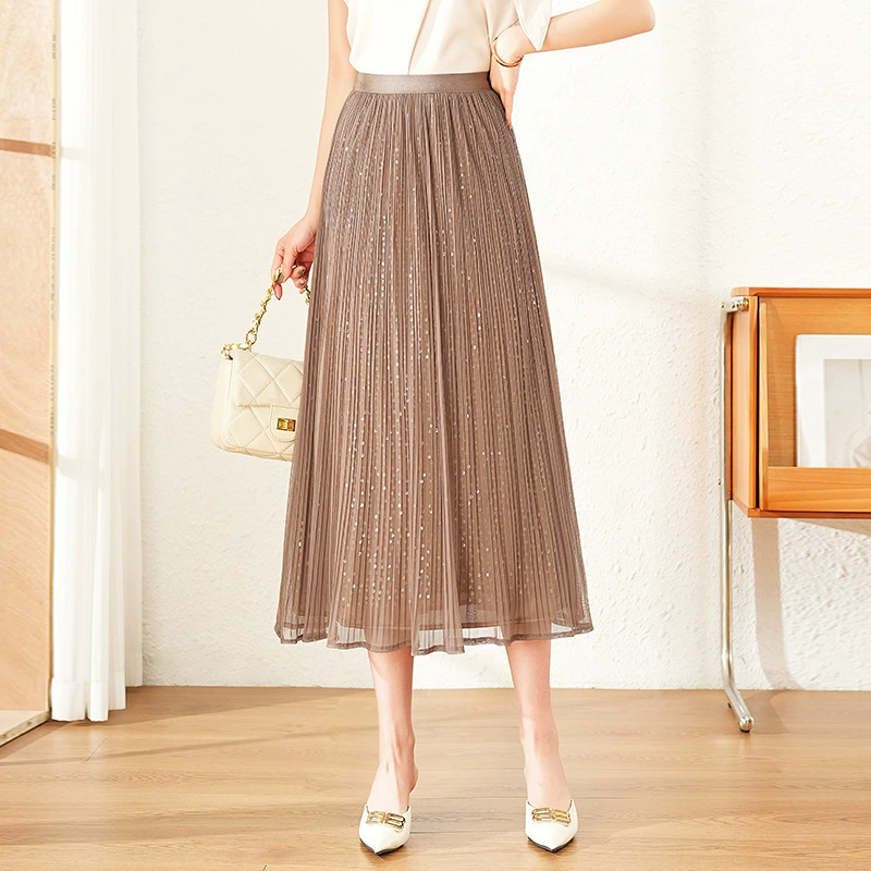 Юбка из сетки с пайетками для женщин, весна-лето 2024, новая тонкая юбка трапециевидной формы средней длины с высокой талией и большим подолом, марлевая юбка