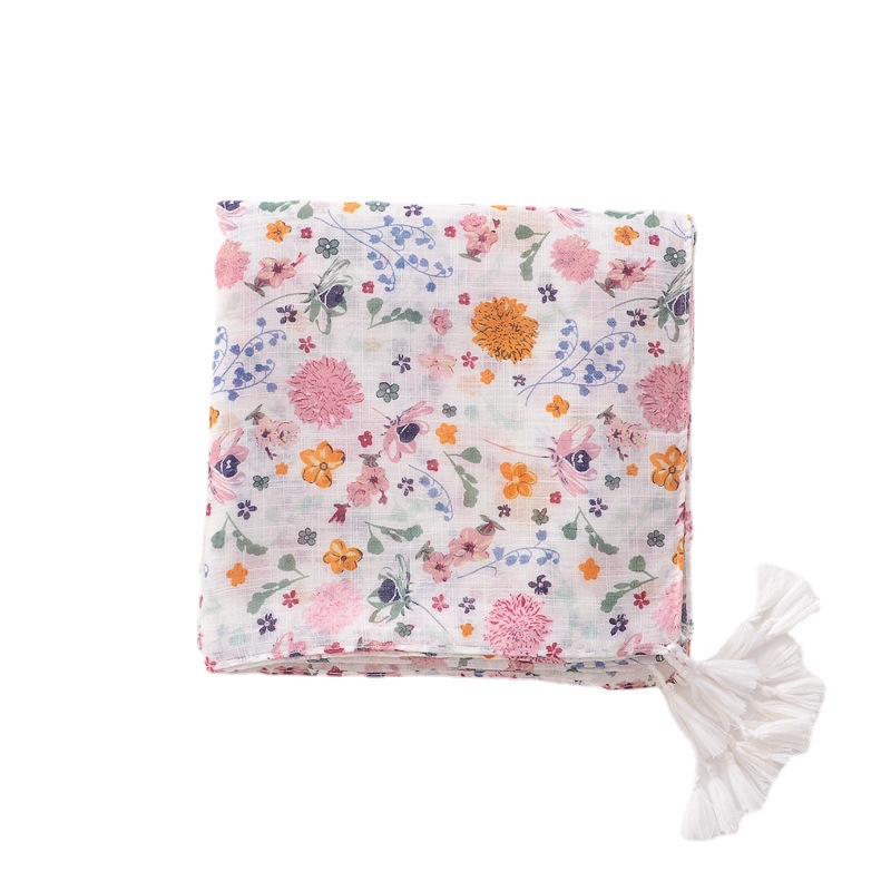 Bufanda delgada estilo coreano bufanda de primavera de las mujeres de moda todo fósforo fresco artístico floral algodón y lino sensación borla bufanda