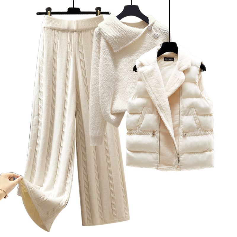 Női ruházat háromrészes női öltöny, dizájner pulóver, vastagított karcsú mellény, magas derék, kábelmintás, széles szárú alkalmi nadrág_voghion.com