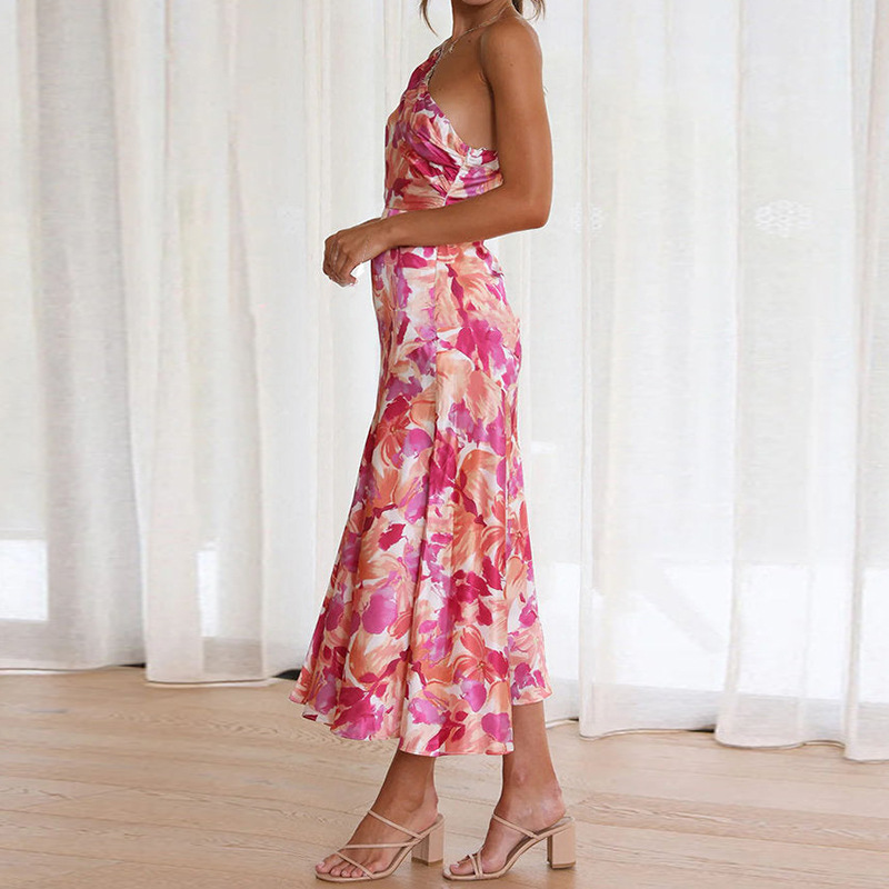 Sheath Dress Dresses Type Wholesale Women's Vacation Printing Ruffles Printing Holiday Beach Oblique Collar Sleeveless Sheath Dress