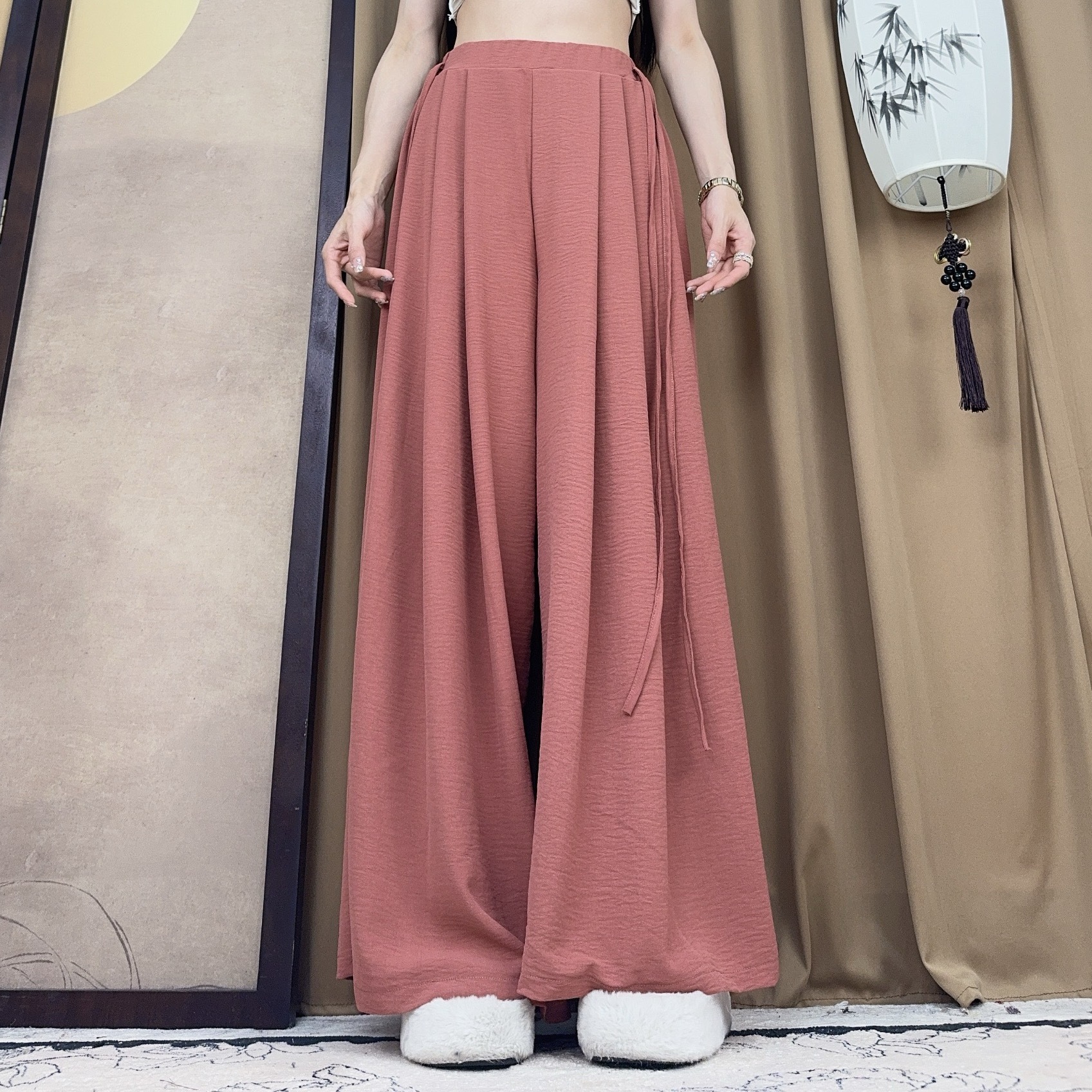 Mumu Textured Cotton and Linen Ribbon Modern Dance Pants Yoga Pants Classical Dance Pants Pink Purple White Beige Black Spring Green