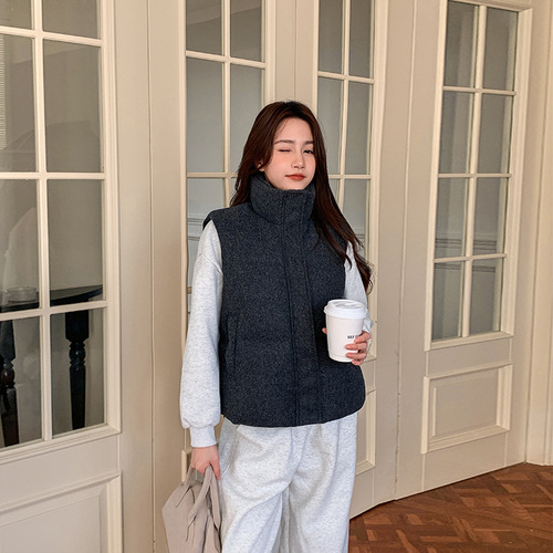 2026 autumn and winter new style gray woolen wool high-quality feeling, slimming and thick down cotton suit, women's vest, fashionable outer vest