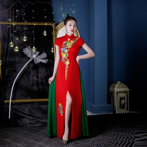 Chinese traditional textual evening dress art guzheng Women Chinese dress Oriental Retro Qipao Cheongsam model show miss etiquette dress morality cheongsam female