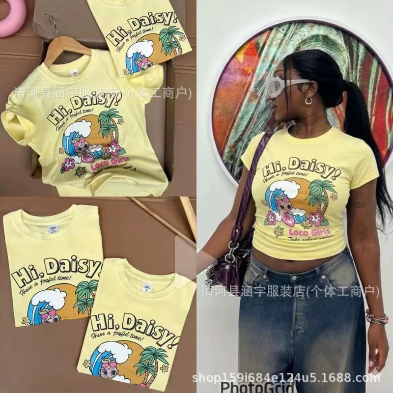 Basictops Light Yellow Cartoon Print Women's Slim Fit Stretch Cotton T-Shirt European and American Cross-Border Short-Sleeved Basic Top
