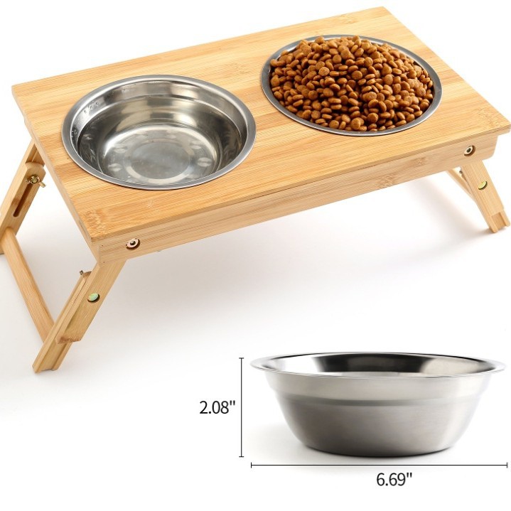 Cuenco para gatos Cuenco doble Cuenco con ángulo de inclinación Protección de la columna cervical Marco de madera de bambú Perros Pets Boca inclinada Mesa de comedor para mascotas Cuenco para perros Cuenco de cerámica
