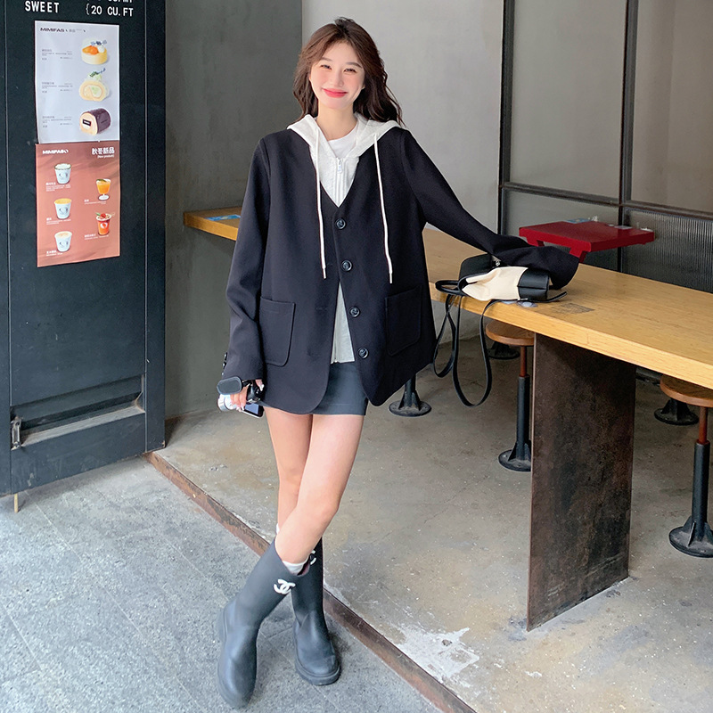实拍连帽西装外套女春季韩系高级感休闲宽松设计感假两件短款上衣|undefined