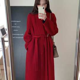 24年韩国双面手缝羊绒羊毛大衣红色长毛阿尔巴卡加厚外套DY-1407