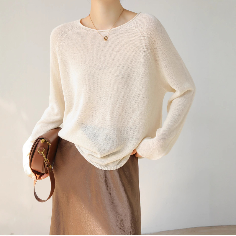 Imported Japanese Paper Yarn! Early Autumn Seamless One-Piece Air-Feel Rolled Edge Round Neck Knitwear Slightly See-Through Sun Protection Blouse Top Imported Japanese Paper Yarn! Early Autumn Seamless One-Piece Air-Feel Rolled Edge Round Neck Knitwear Slightly See-Through Sun Protection Blouse Top