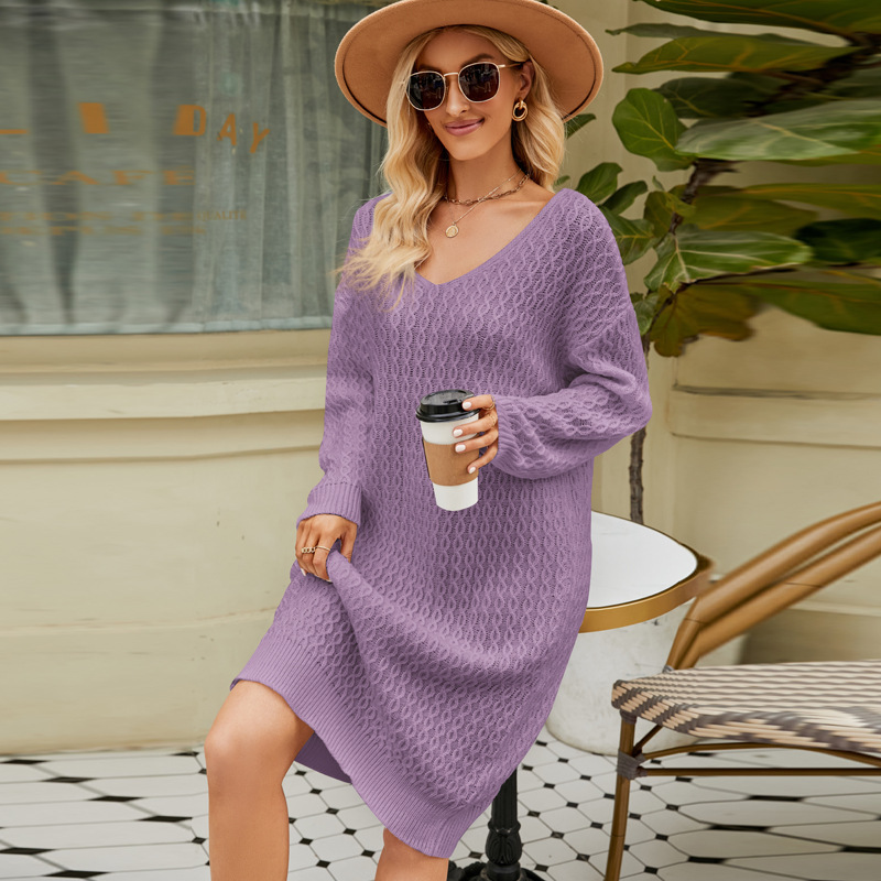 Amazon mujeres europeas y americanas sueltas de color sólido de punto suéter vestido otoño e invierno largo perezoso estilo suéter vestido