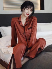 夏の氷糸の薄い長袖のスーツの家のパジャマの女性の春秋の家の服のメーカーは直接供給します。
