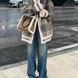 美式复古小香风格子羊羔绒外套女年秋冬新款宽松毛领毛呢棉服