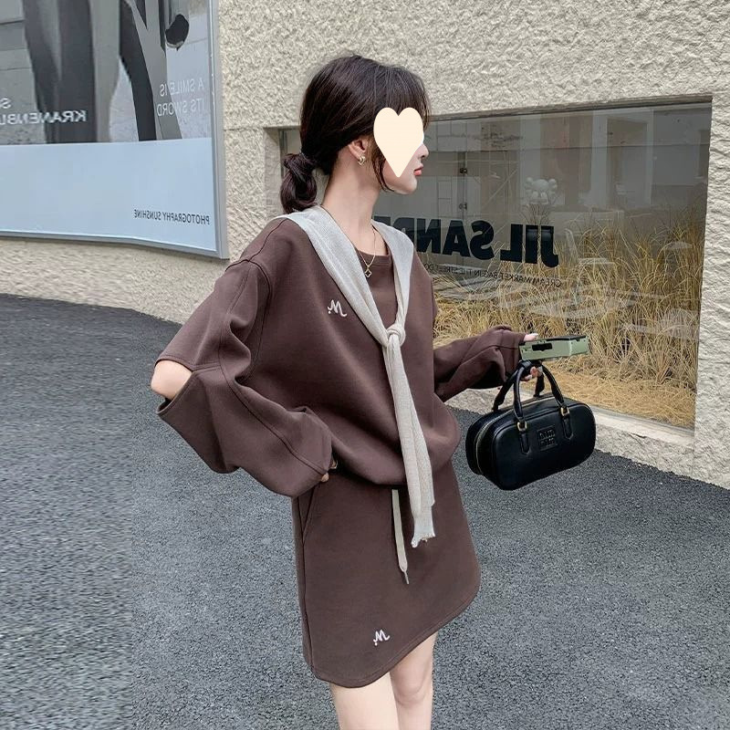 可盐可甜披肩卫衣套装裙女2025秋新款韩系设计感圆领上衣显瘦短裙|undefined